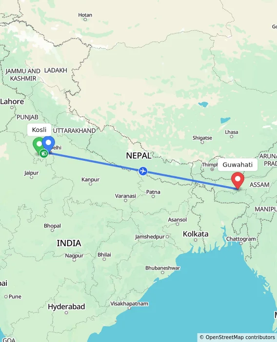 Route map showing distance and travel time from Kosli, India to Guwahati, India