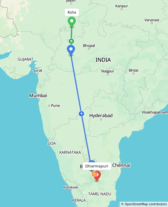 Route map showing distance and travel time from Kota, India to Dharmapuri, India
