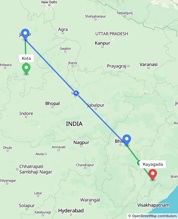 Route map showing distance and travel time from Kota, India to Rayagada, India