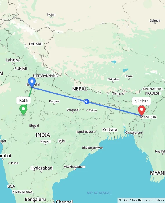 Route map showing distance and travel time from Kota, India to Silchar, India