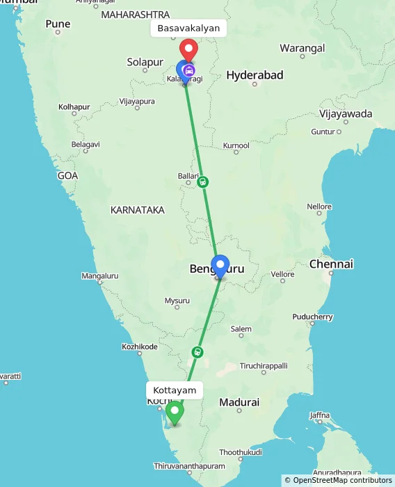 Route map showing distance and travel time from Kottayam, India to Basavakalyan, India
