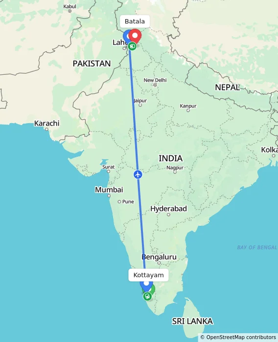 Route map showing distance and travel time from Kottayam, India to Batala, India