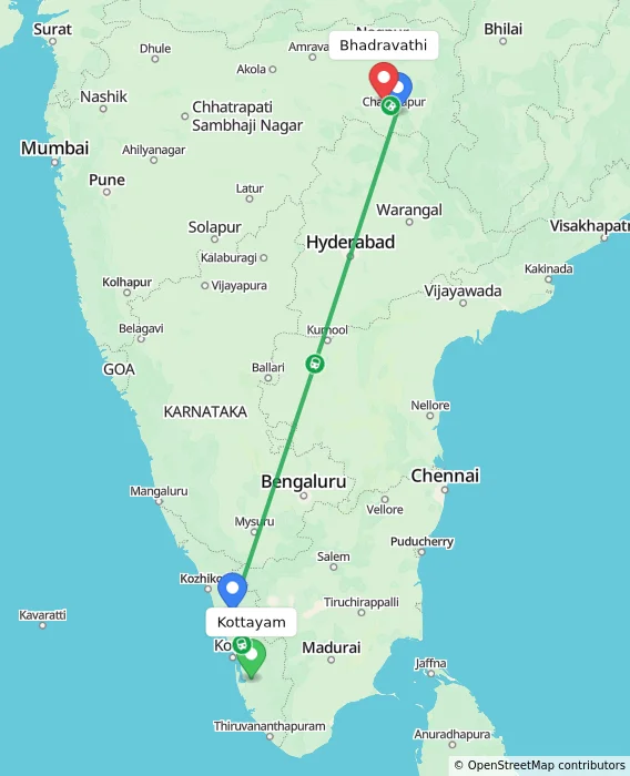 Route map showing distance and travel time from Kottayam, India to Bhadravathi, India