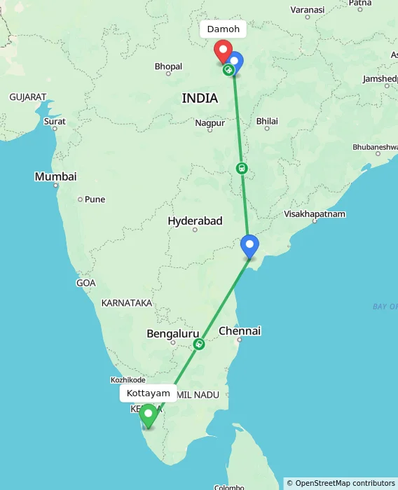 Route map showing distance and travel time from Kottayam, India to Damoh, India
