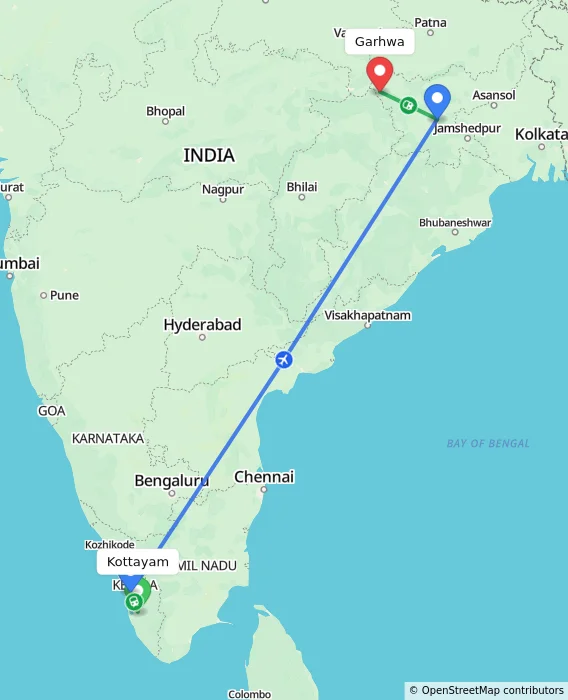 Route map showing distance and travel time from Kottayam, India to Garhwa, India