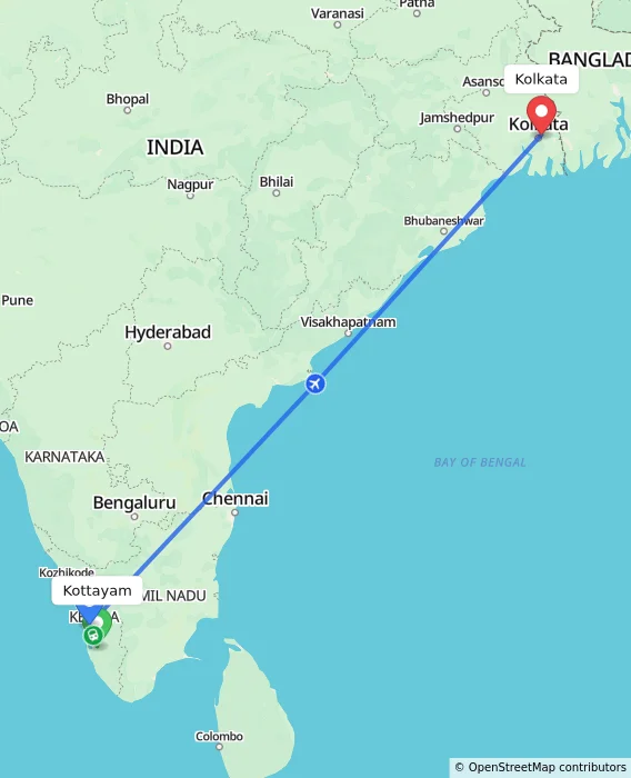 Route map showing distance and travel time from Kottayam, India to Kolkata, India