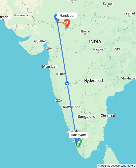 Route map showing distance and travel time from Kottayam, India to Mandsaur, India