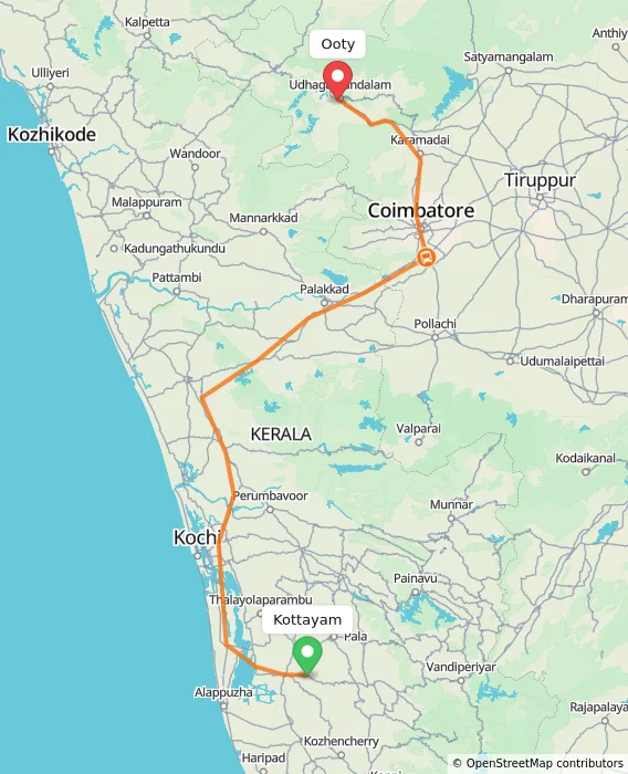 Route map showing distance and travel time from Kottayam, India to Ooty, India