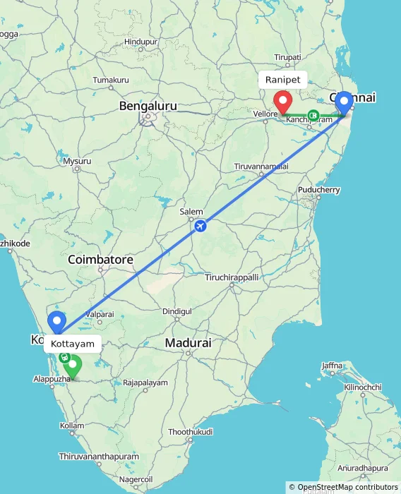 Route map showing distance and travel time from Kottayam, India to Ranipet, India