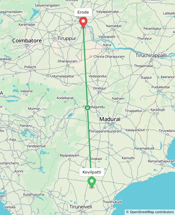 Route map showing distance and travel time from Kovilpatti, India to Erode, India