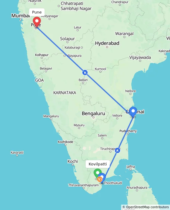 Route map showing distance and travel time from Kovilpatti, India to Pune, India