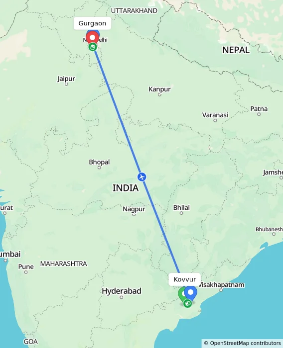 Route map showing distance and travel time from Kovvur, India to Gurgaon, India