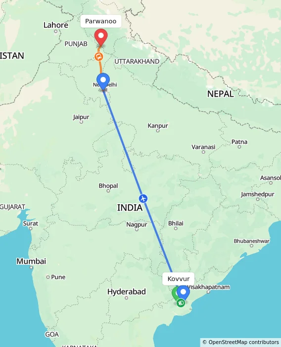 Route map showing distance and travel time from Kovvur, India to Parwanoo, India