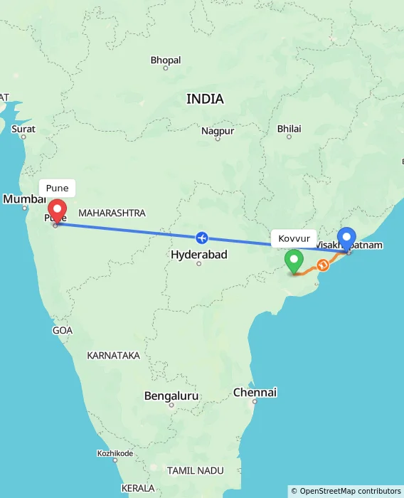 Route map showing distance and travel time from Kovvur, India to Pune, India