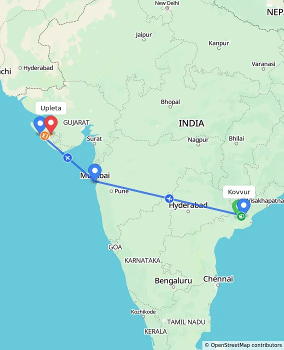 Route map showing distance and travel time from Kovvur, India to Upleta, India