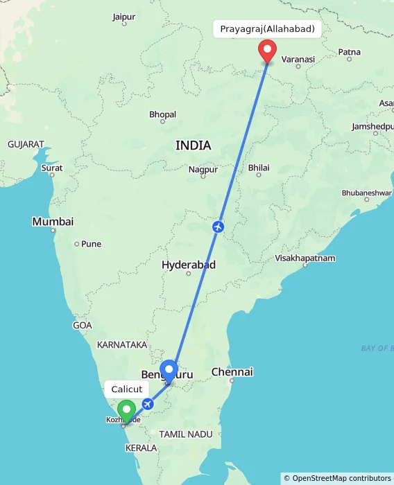 Route map showing distance and travel time from Kozhikode, India to Allahabad, India