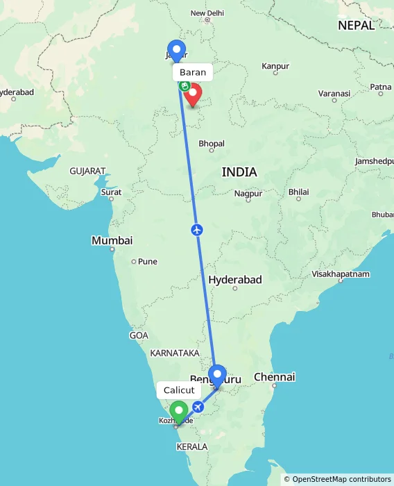 Route map showing distance and travel time from Kozhikode, India to Baran, India