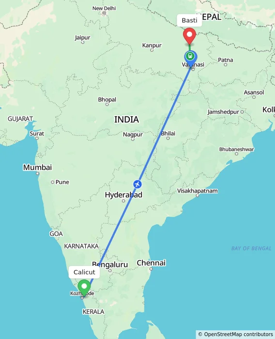 Route map showing distance and travel time from Kozhikode, India to Basti, India