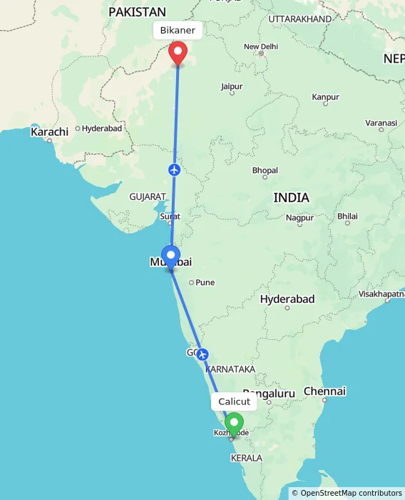 Route map showing distance and travel time from Kozhikode, India to Bikaner, India