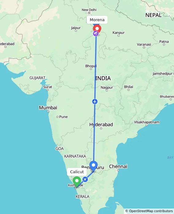 Route map showing distance and travel time from Kozhikode, India to Morena, India