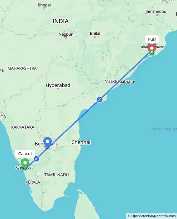 Route map showing distance and travel time from Kozhikode, India to Puri, India