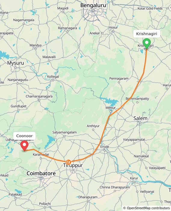 Route map showing distance and travel time from Krishnagiri, India to Coonoor, India