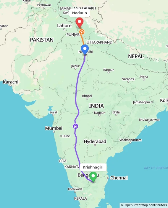 Route map showing distance and travel time from Krishnagiri, India to Nadaun, India