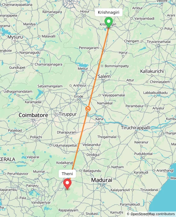 Route map showing distance and travel time from Krishnagiri, India to Theni, India
