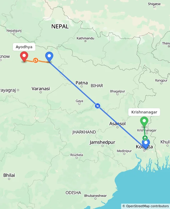 Route map showing distance and travel time from Krishnanagar, India to Ayodhya, India