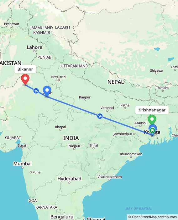Route map showing distance and travel time from Krishnanagar, India to Bikaner, India