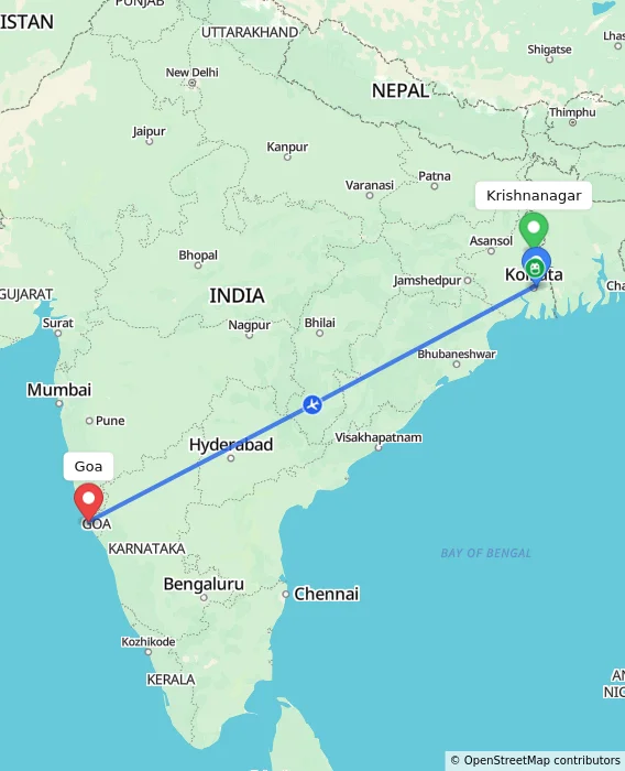 Route map showing distance and travel time from Krishnanagar, India to Goa, India