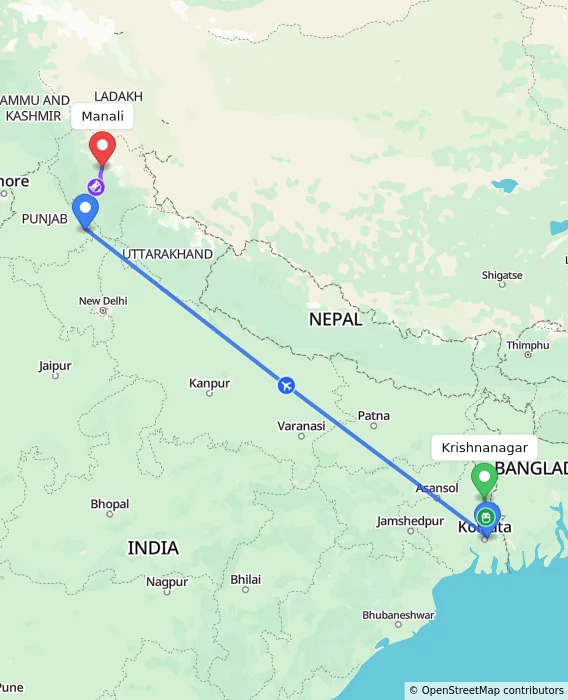 Route map showing distance and travel time from Krishnanagar, India to Manali, India