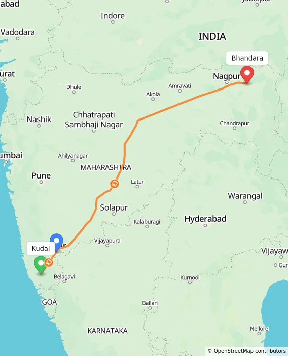 Route map showing distance and travel time from Kudal, India to Bhandara, India