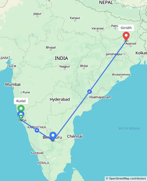 Route map showing distance and travel time from Kudal, India to Giridih, India