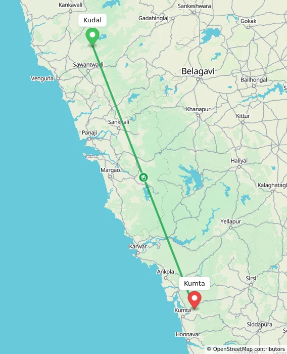 Route map showing distance and travel time from Kudal, India to Kumta, India