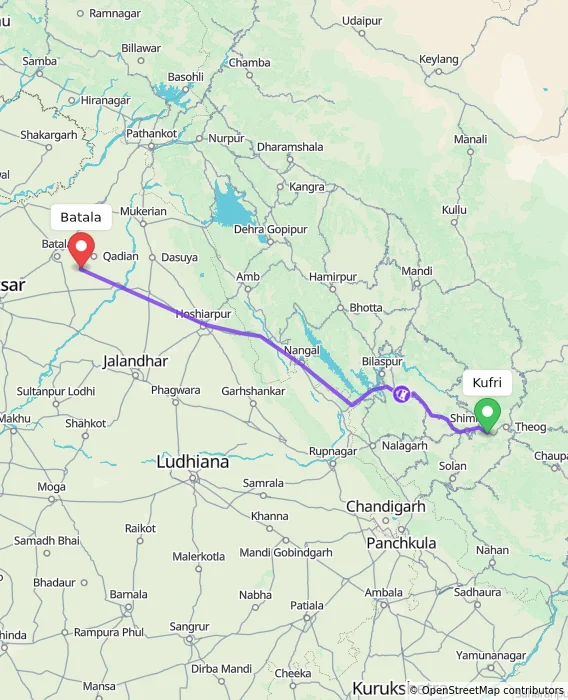 Route map showing distance and travel time from Kufri, India to Batala, India