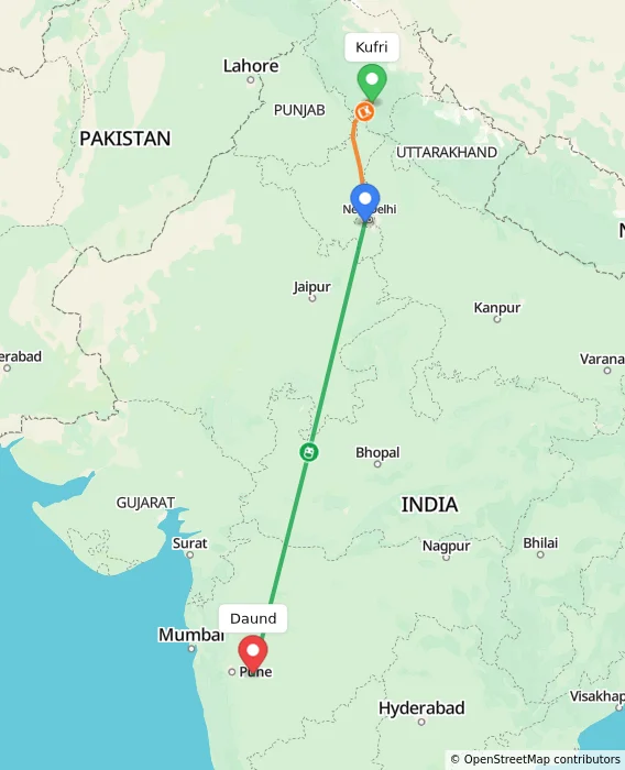 Route map showing distance and travel time from Kufri, India to Daund, India
