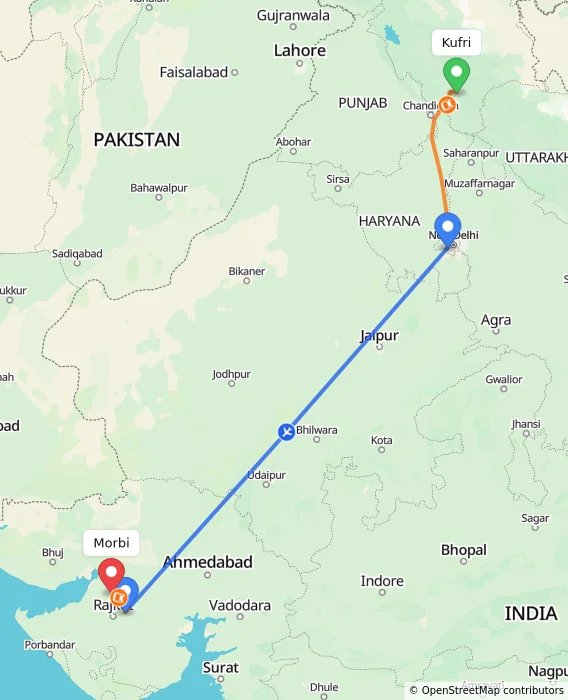 Route map showing distance and travel time from Kufri, India to Morbi, India