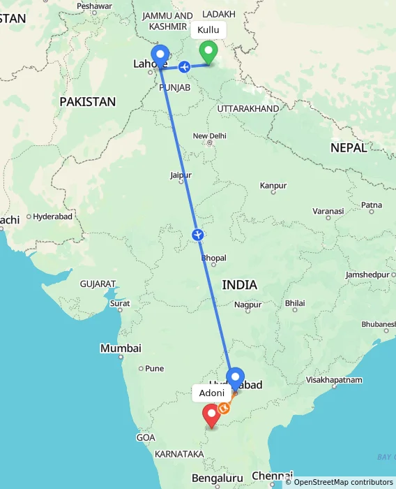 Route map showing distance and travel time from Kullu, India to Adoni, India