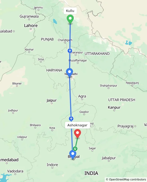 Route map showing distance and travel time from Kullu, India to Ashoknagar, India