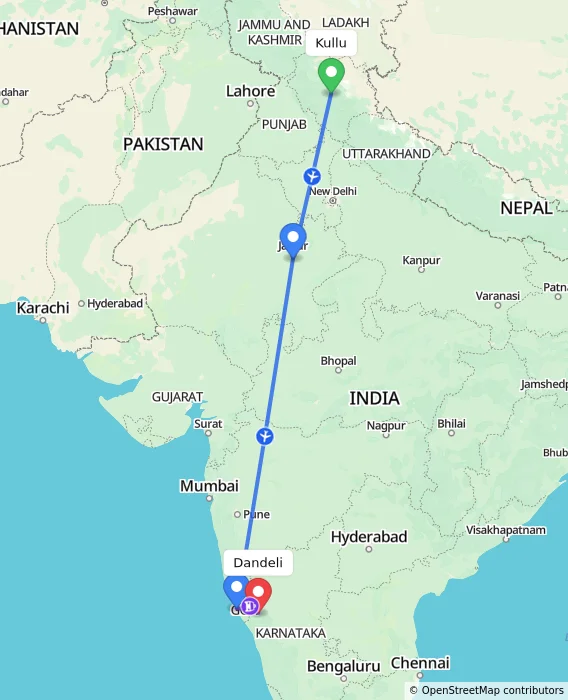 Route map showing distance and travel time from Kullu, India to Dandeli, India