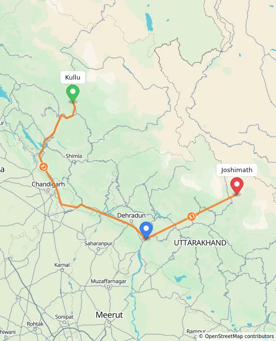 Route map showing distance and travel time from Kullu, India to Joshimath, India