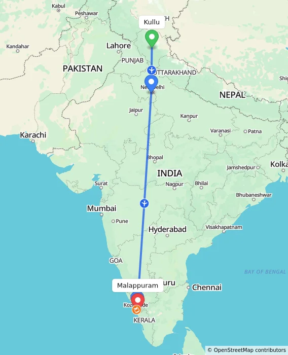 Route map showing distance and travel time from Kullu, India to Malappuram, India