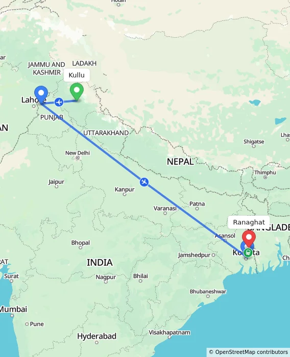 Route map showing distance and travel time from Kullu, India to Ranaghat, India