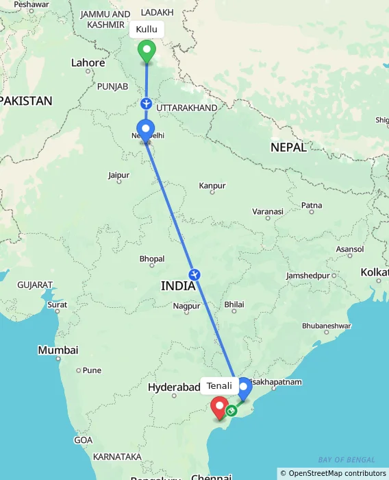 Route map showing distance and travel time from Kullu, India to Tenali, India