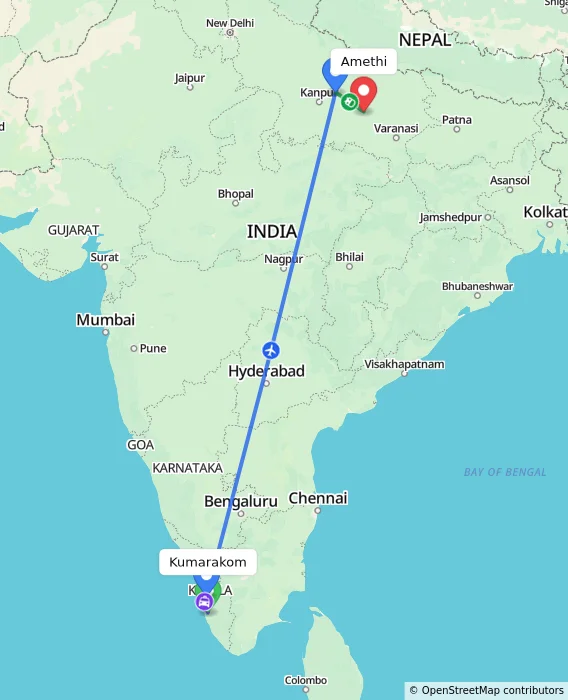 Route map showing distance and travel time from Kumarakom, India to Amethi, India