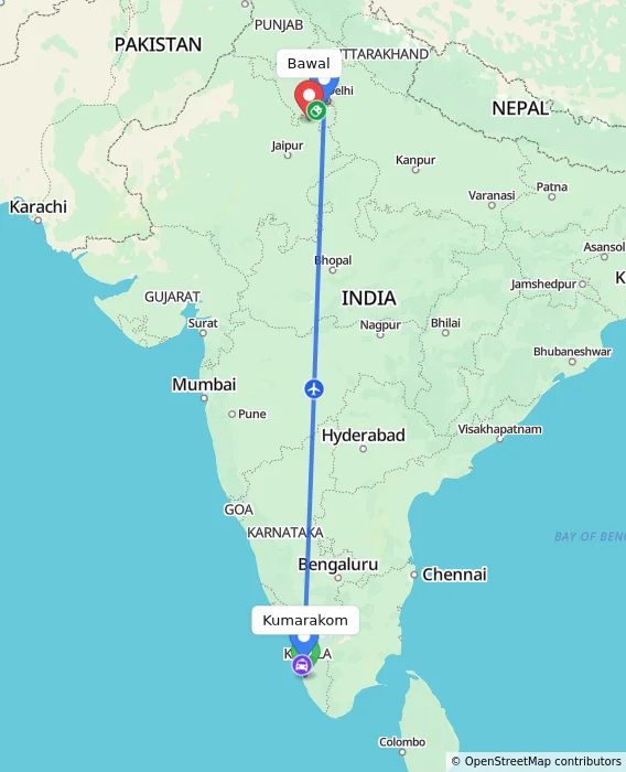 Route map showing distance and travel time from Kumarakom, India to Bawal, India