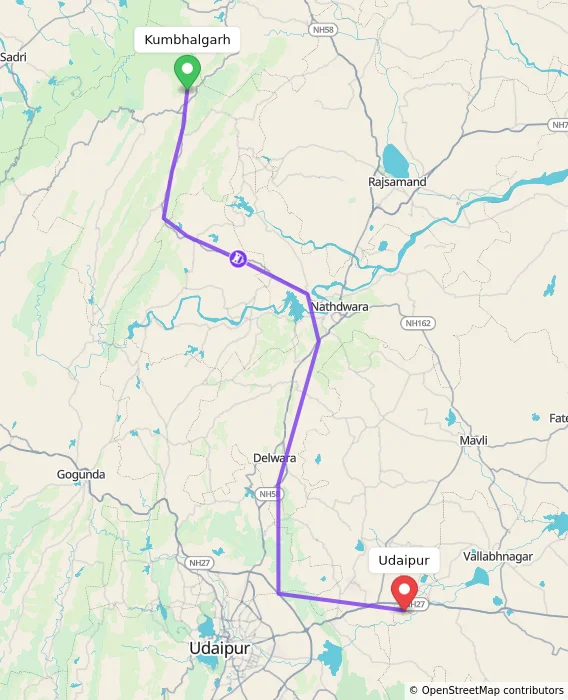 Route map showing distance and travel time from Kumbhalgarh, India to Udaipur, India