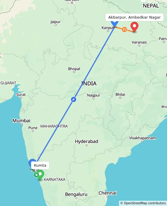 Route map showing distance and travel time from Kumta, India to Akbarpur, Ambedkar Nagar, India