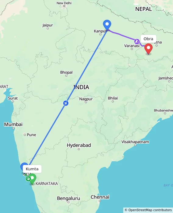 Route map showing distance and travel time from Kumta, India to Obra, India